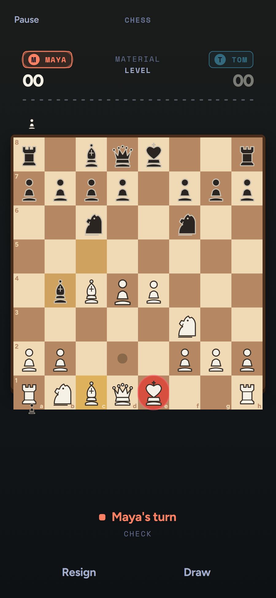 Wooden-toned chessboard mid-game with the white king in check, in the Chess game in the Seatmate app.